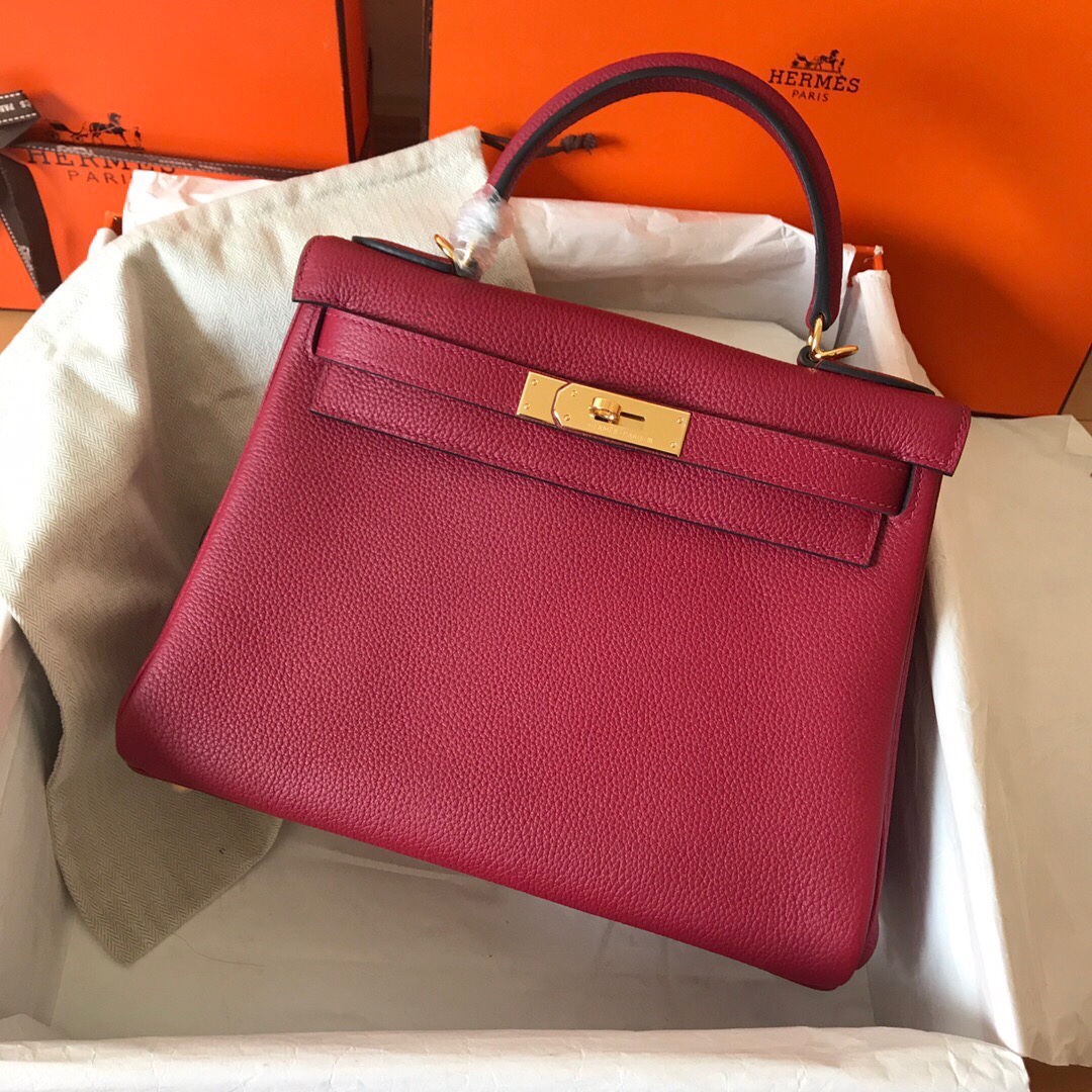 Hermes Kelly 25cm Handbag Shoulder Bag in Burgundy Togo Leather